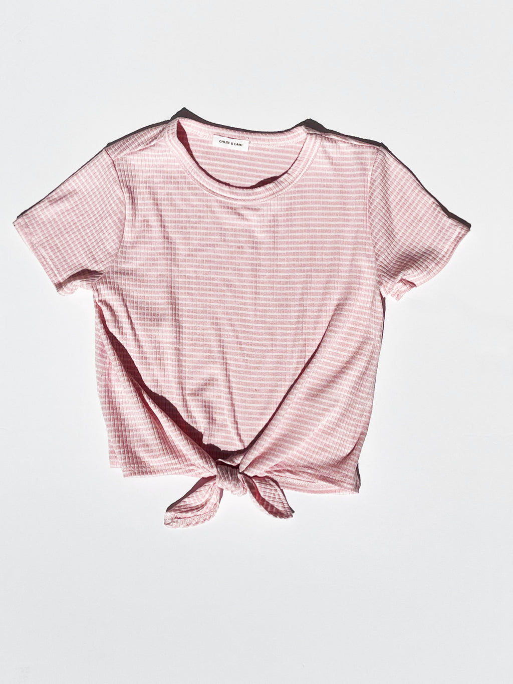 GIRLS PINK STRIPED SHORT SLEEVE FRONT TIE TOP