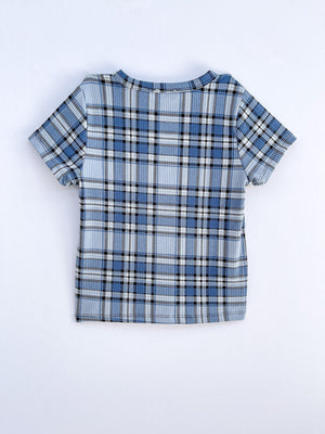 GIRLS BLUE PLAID SHORTS SLEEVE T-SHIRT