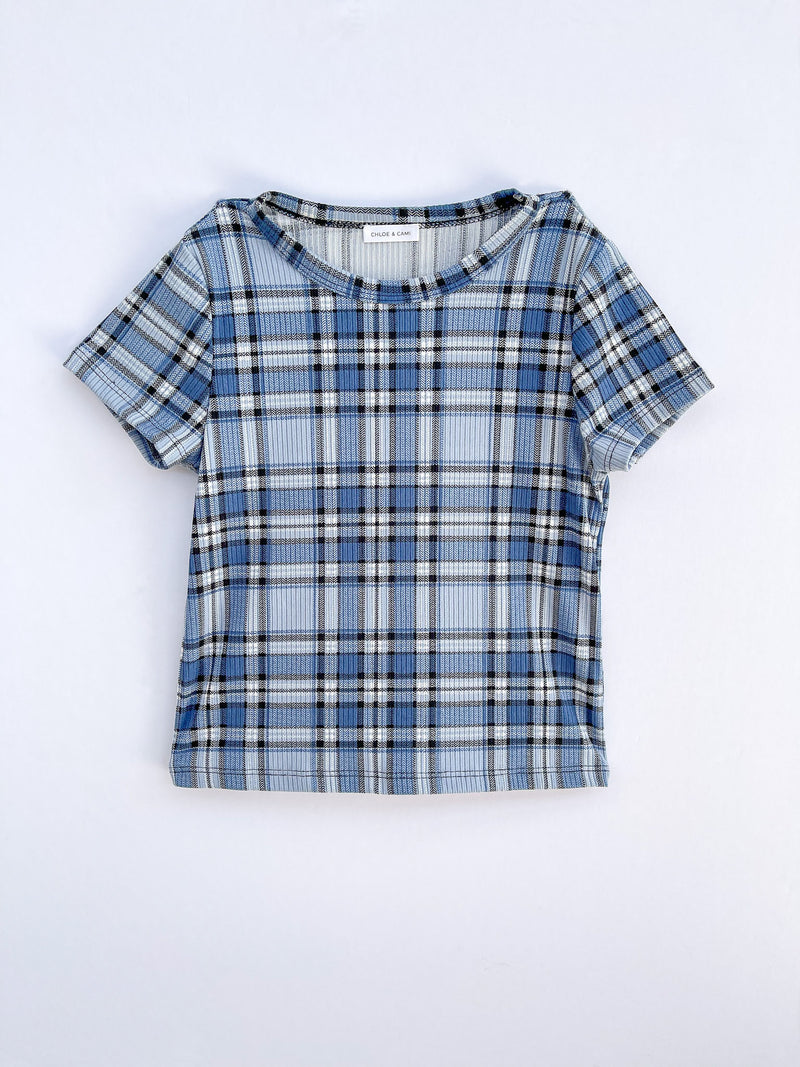 GIRLS BLUE PLAID SHORTS SLEEVE T-SHIRT