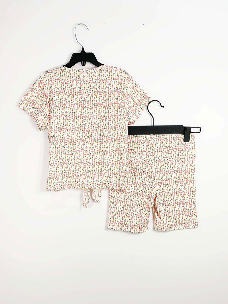 TIE-FRONT FLORAL PRINT TOP AND BIKER SHORTS SET